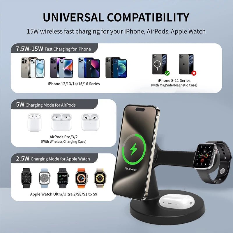 3 In 1 Magnetic Wireless Charger Stand For Magsafe iPhone 16 15 14 13 Pro Max Apple Watch 9 8 AirPods Pro Fast Charging Station - Total Finds Co LLC