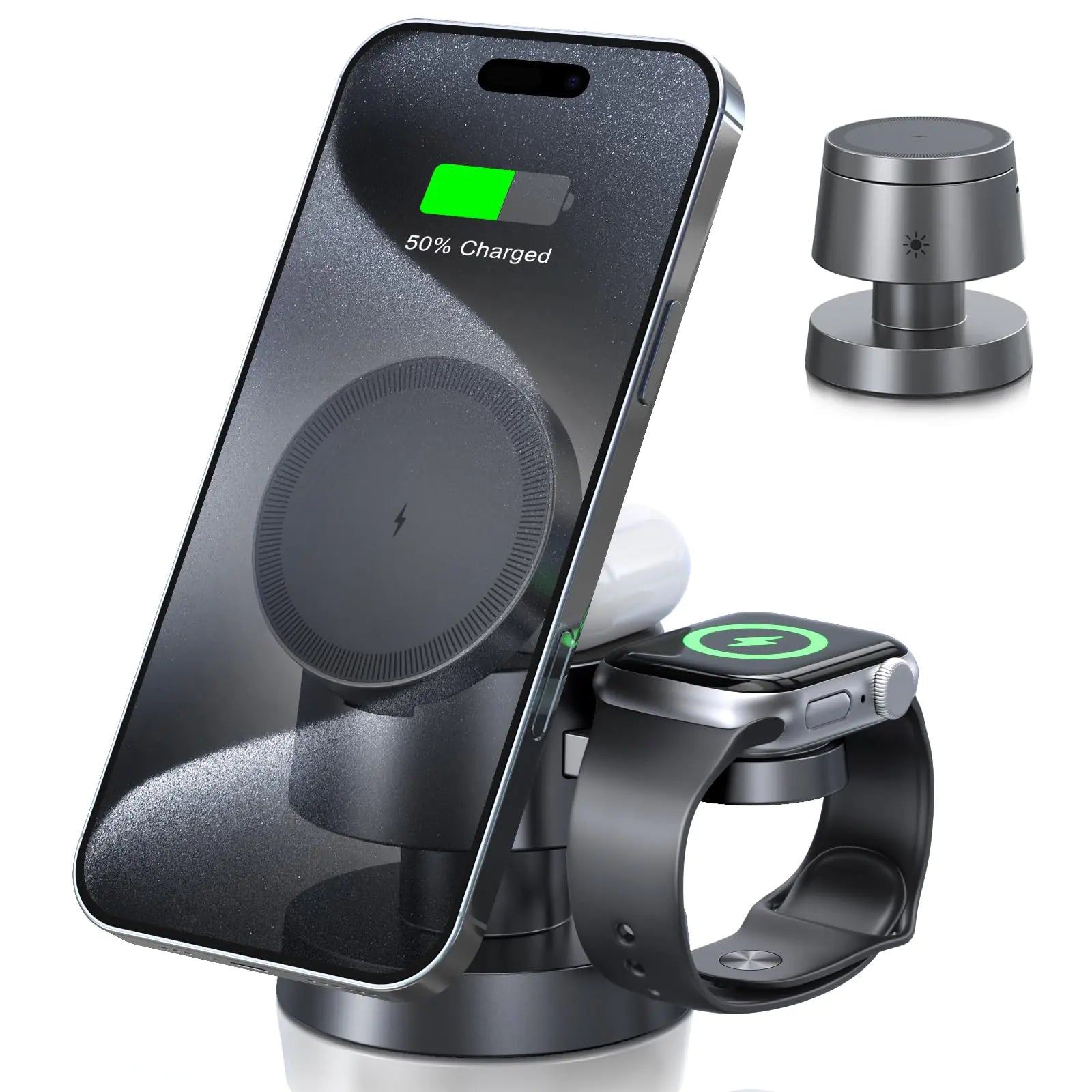 Wireless Phone Charger with Night Light: Foldable 3 in 1 Dock Fast Charging Station for iPhone & Airpods & Apple Watch Portable Wireless Chargers Compatible to Multiple Magsafe Devices - Total Finds Co LLC