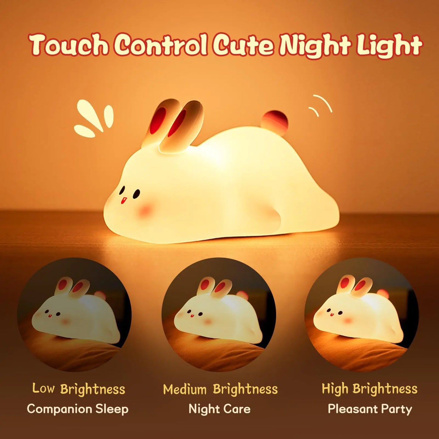 Cute LED Night Light Touch Sensor Cartoon Kid's Nightlights Big Face Rabbit Silicone Night Light Christmas Gift Bedside Lamp Home Decor - Total Finds Co LLC