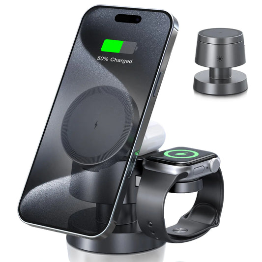 Wireless Phone Charger with Night Light: Foldable 3 in 1 Dock Fast Charging Station for iPhone & Airpods & Apple Watch Portable Wireless Chargers Compatible to Multiple Magsafe Devices - Total Finds Co LLC